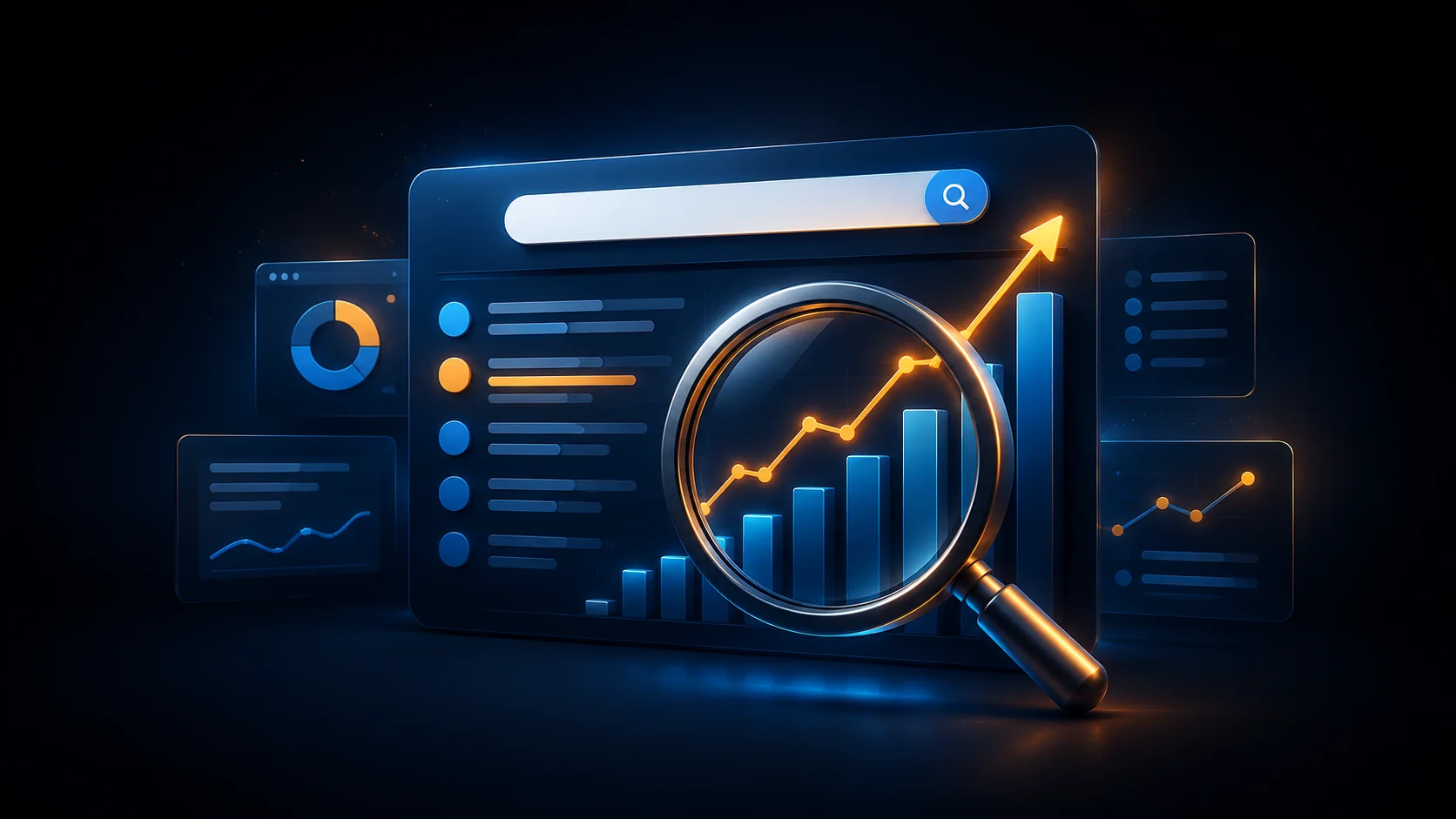Magnifying glass over a rising Google ranking chart